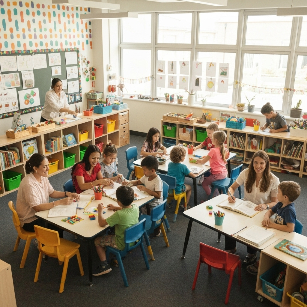 Colorful learning space with children and teachers